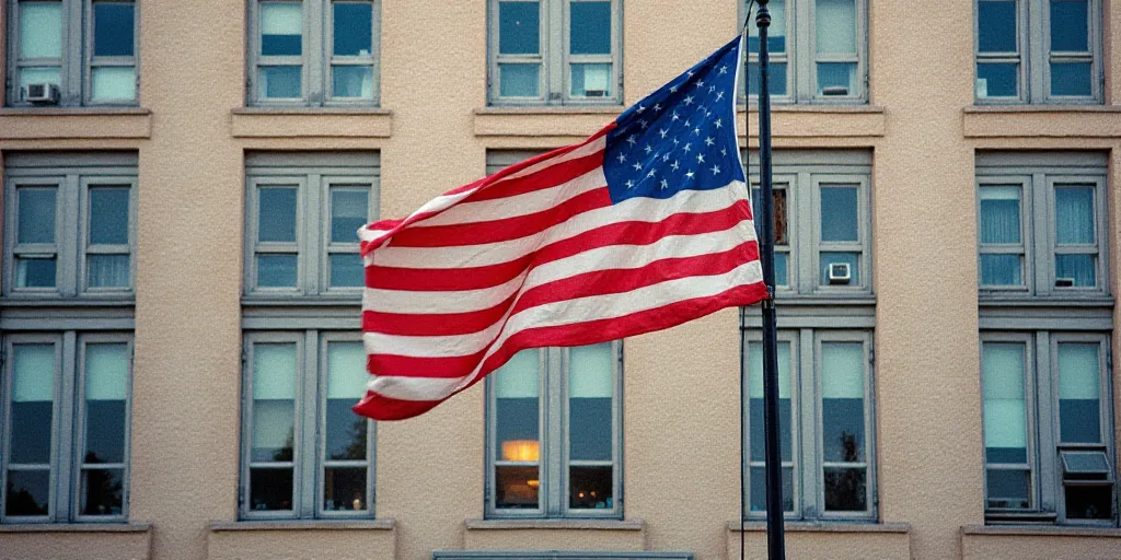 a flag flying in front of a building with windows and a flag pole in front of it with a flag, Dennis