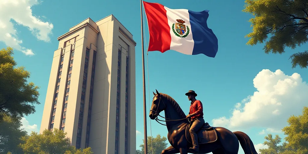 a flag flying in front of a tall building with windows in the background and a horse statue in the f