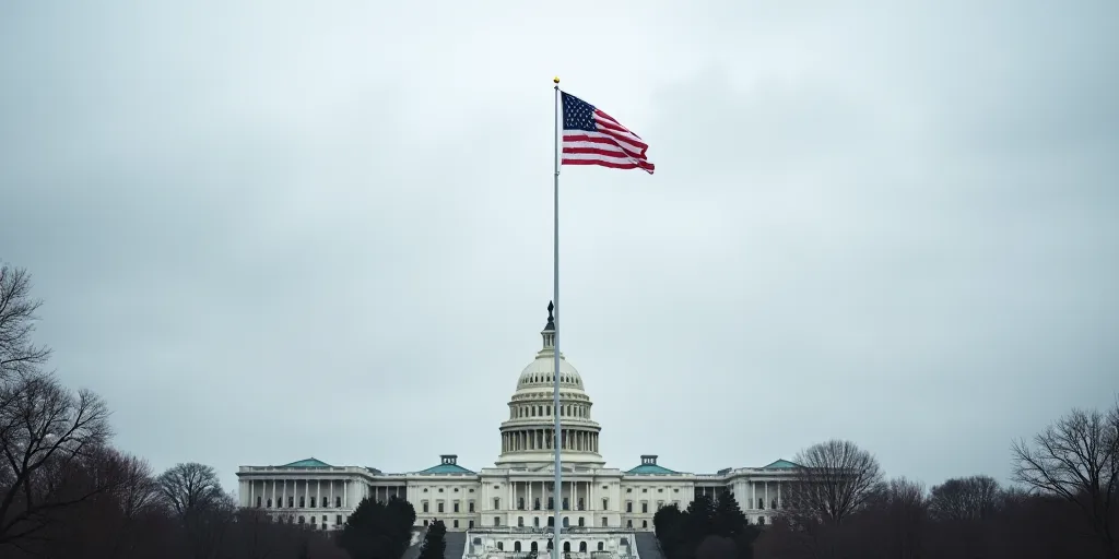 a flag flying in front of the capitol building in washington dc, usa, on a cloudy day with a white s