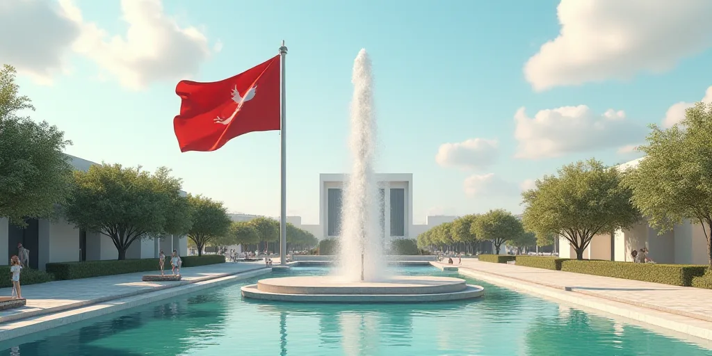 a flag flying in the wind next to a fountain with a flag on it and a building in the background, Est
