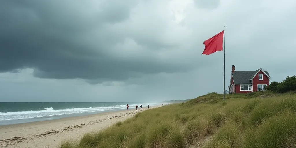 a flag flying on a beach next to a house on a cloudy day with people walking by it and a flag flying