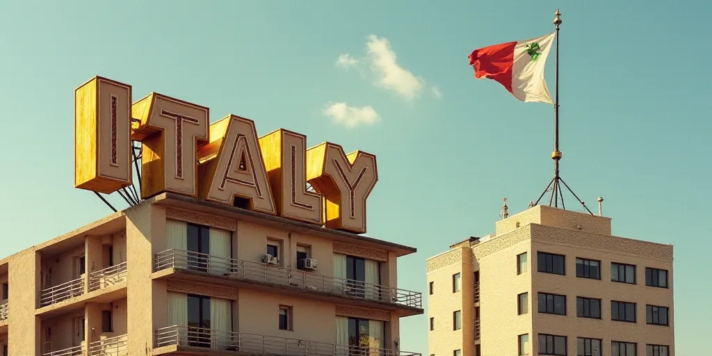 a flag flying on top of a building next to a sign that says italy and a flag on top of a building, D