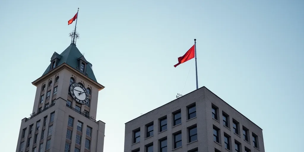 a flag flying on top of a building next to a tall building with a clock on it's side, Andries Stock,