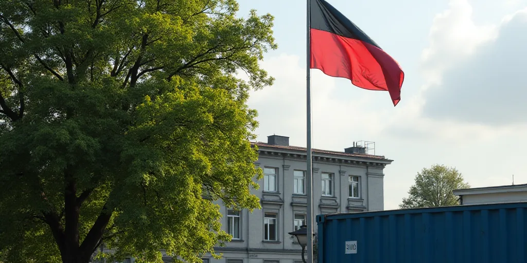 a flag is flying in front of a building with a tree in the foreground and a container on the other s