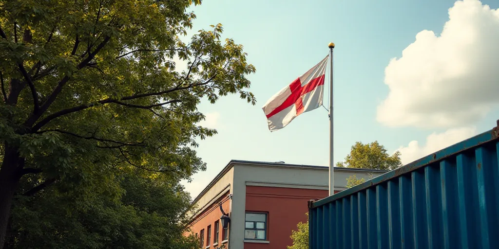 a flag is flying in front of a building with a tree in the foreground and a container on the other s