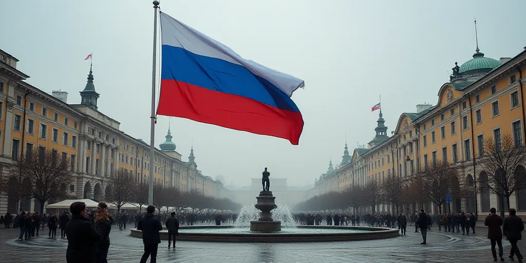 a flag is held up in a square in a city with buildings and people walking around it, and a fountain