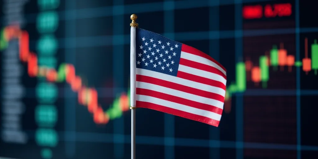 a flag is placed in front of a stock board with an american flag on it and a stock board in the back