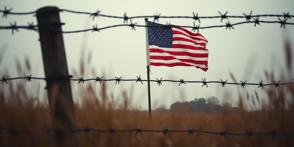 a flag is seen through a barbed wire fence with a pole in the background and a flag in the foregroun