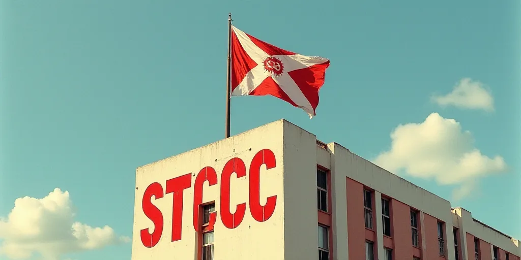 a flag on top of a building with a sign in front of it that says stcc and a flag on top of a buildin