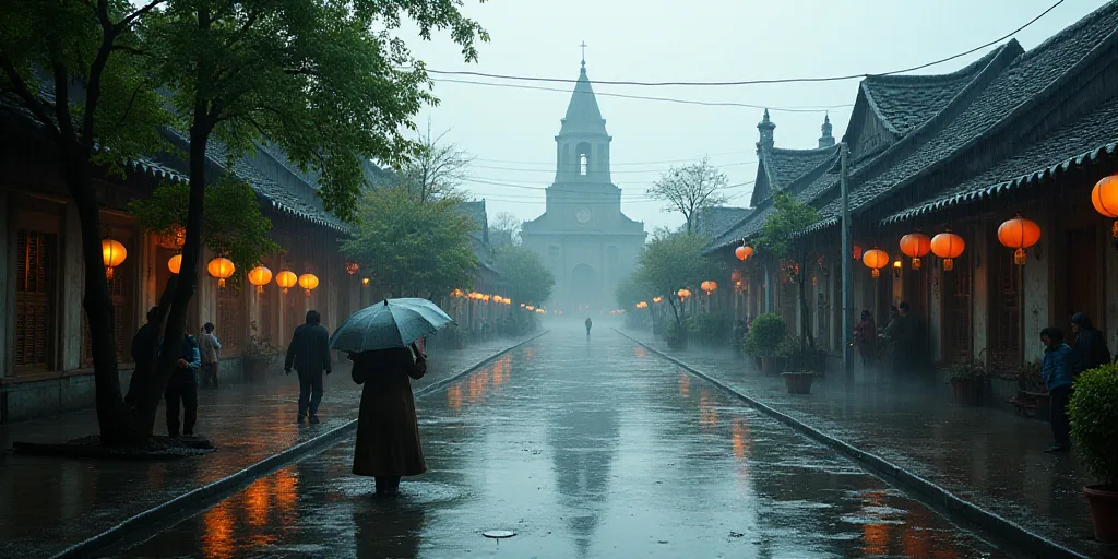 a flooded street with a church in the background and people walking around it in the rain and water