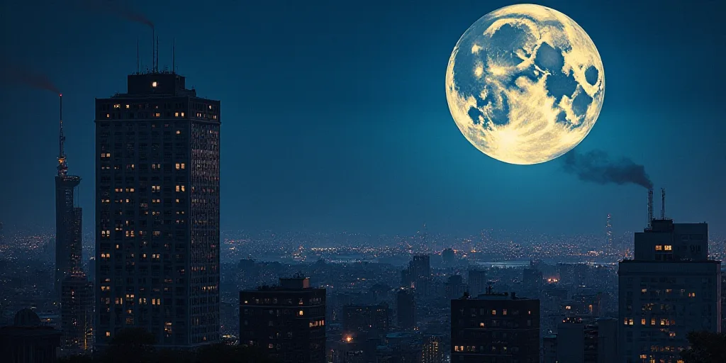 a full moon is seen over a city at night time with a building in the foreground and a building in th