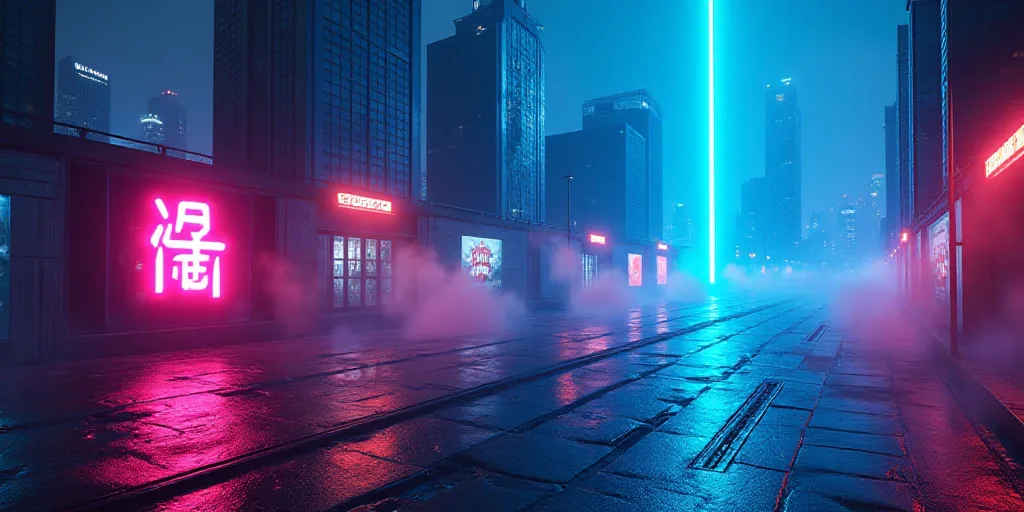 a futuristic city with a neon colored letter on it's side and a bright blue light above it, Ai-Mitsu
