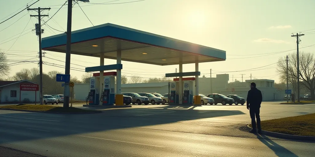 a gas station with cars parked on the side of the road and a man walking down the street in front of