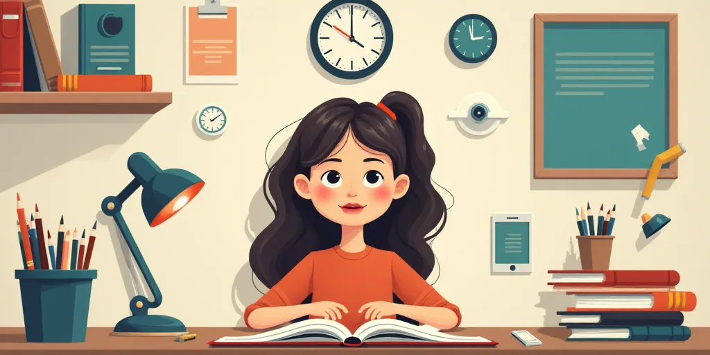 a girl is sitting at a table with a book and a clock above her head and various office supplies surr