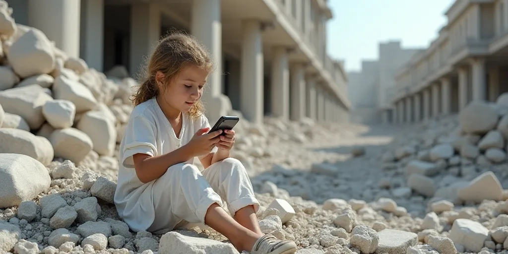a girl is sitting in a rubble with a cell phone in her hand and a building in the background, Dirck