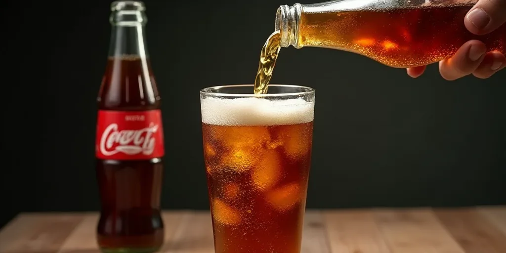 a glass of soda being poured into it with a bottle of beer in the background and a bottle of beer be