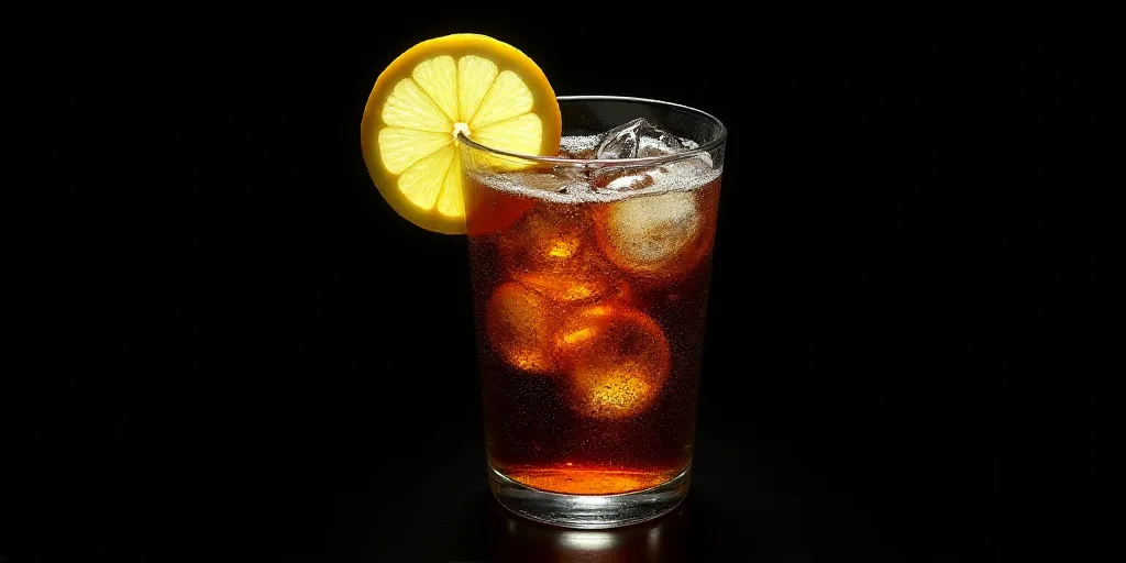 a glass of soda with ice and a slice of lemon on the side of it with a black background, Dorothy Cok