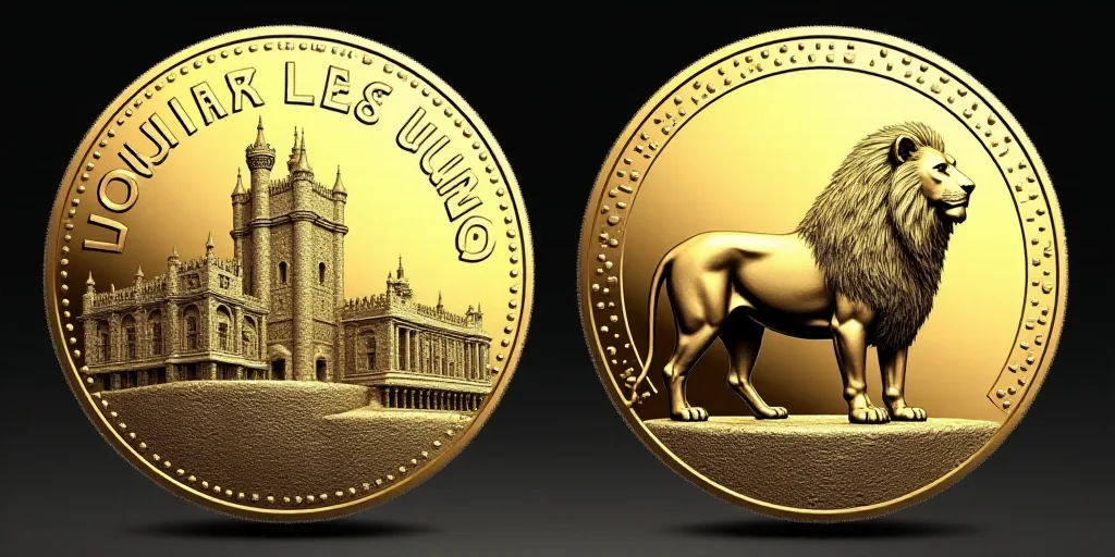 a gold and silver coin with a picture of a castle on it's side and a picture of a lion on the front,