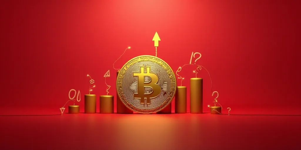 a gold and silver coin with an arrow pointing up on a red background with numbers and symbols in the