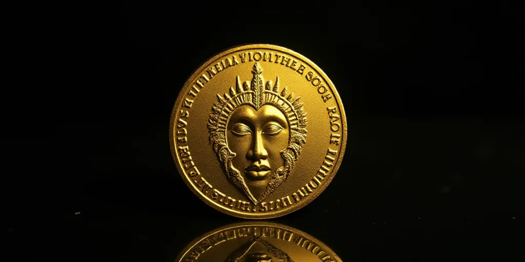 a gold coin with a face on it and a black background with a shadow of a person's head, Aquirax Uno,