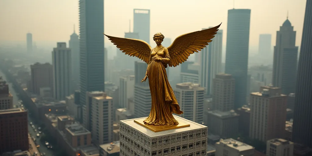 a golden statue of an angel on top of a building in a city with tall buildings in the background, Da