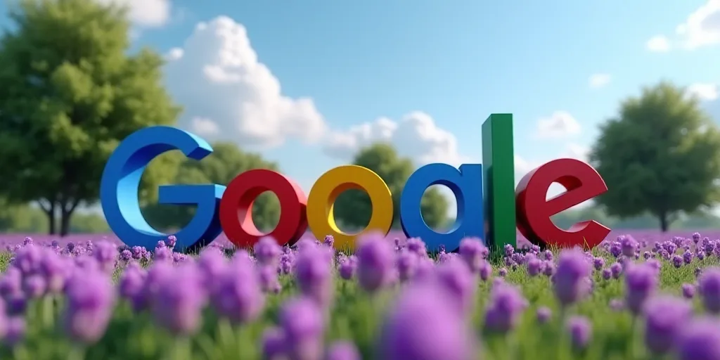 a google sign in front of purple flowers and trees in the background with a blue sky in the backgrou