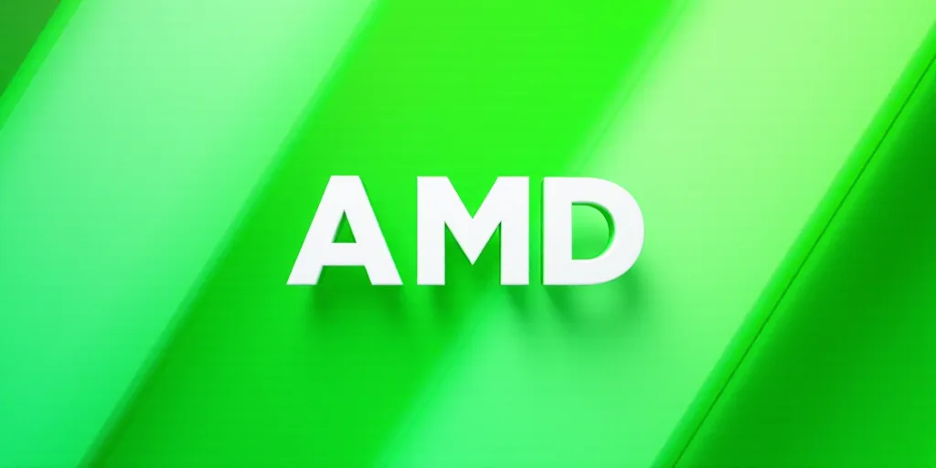 a green and white abstract background with the word amd on it's side and a green and white logo, And