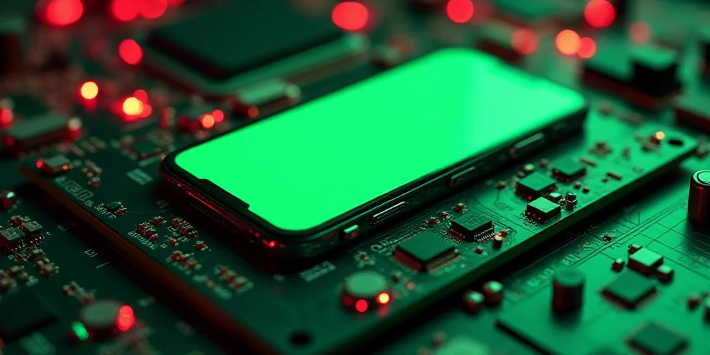 a green and white phone on top of a motherboard with a circuit board in the background and a red lig