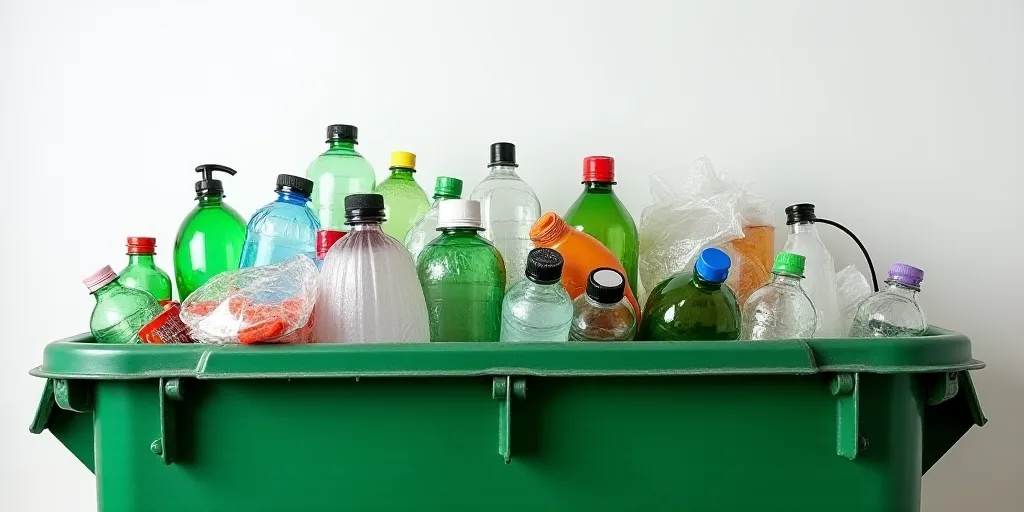 a green bin filled with lots of garbage and plastic bottles and other items in it and a white wall b