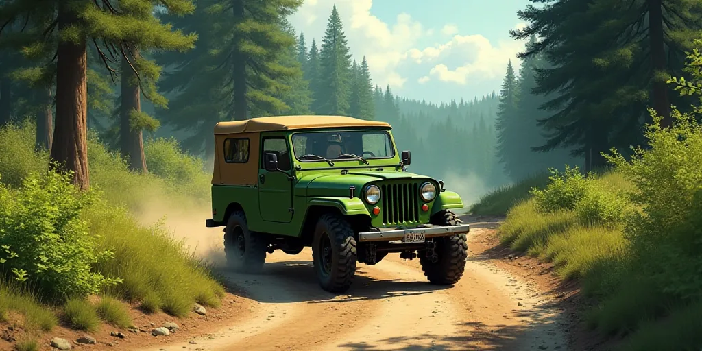 a green jeep driving down a dirt road next to a forest filled with trees and bushes on a sunny day,
