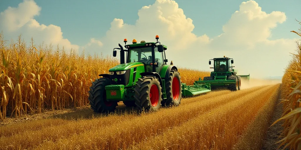 a green tractor is driving through a corn field with a green rake in the foreground and a green trac