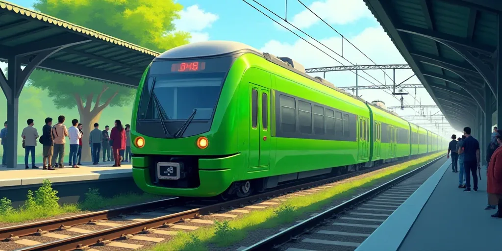 a green train is parked at a station with people waiting on the platform to board it and the train i