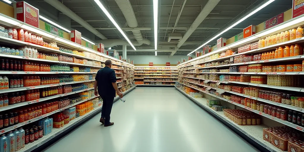 a grocery store aisle with a variety of drinks on display in the aisle and a man walking by the aisl