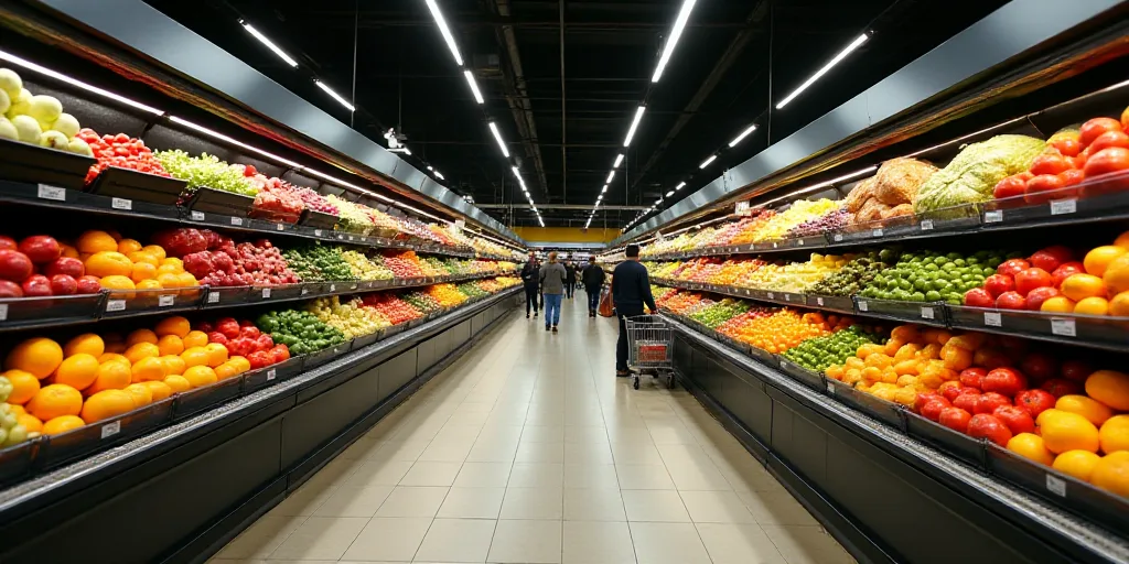 a grocery store with a large display of fruits and vegetables in it's aisles and people shopping in