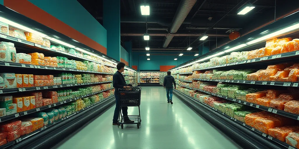 a grocery store with a wide variety of products on display and a person walking by the aisle with a
