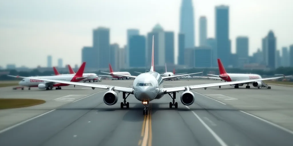 a group of airplanes parked on a runway in front of a city skyline with tall buildings in the backgr