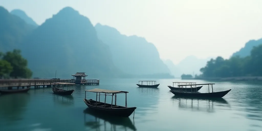 a group of boats floating on top of a body of water near a pier and a mountain in the background, Cu