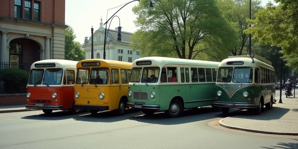 a group of buses parked next to each other on a street corner in front of a building with trees, Edu