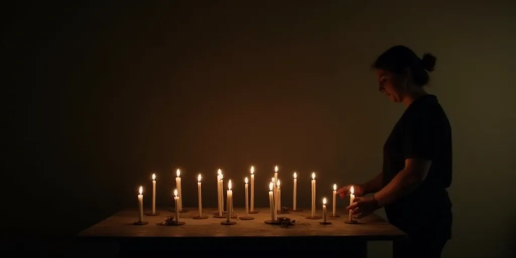 a group of candles sitting on top of a table next to a person in a dark room with a wall, Évariste