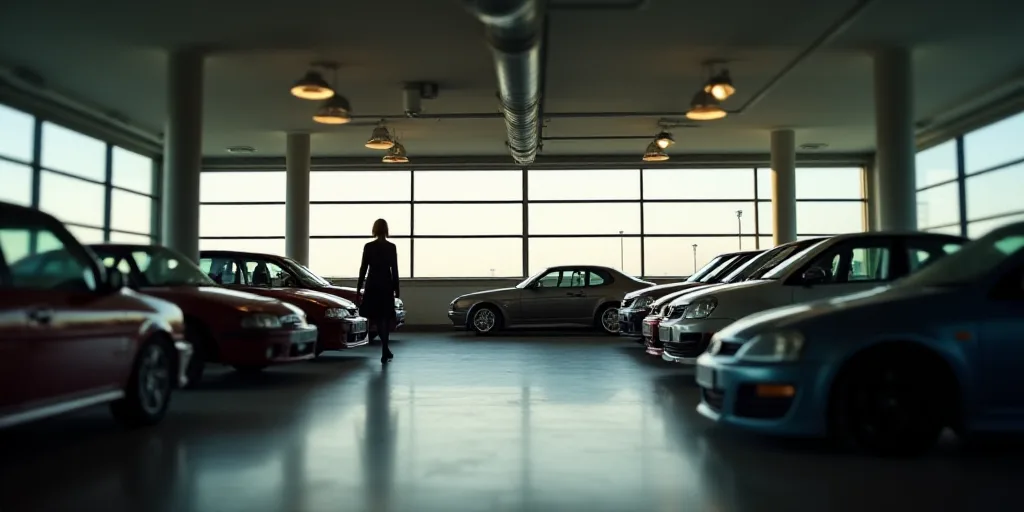 a group of cars parked in a garage next to each other in a building with a woman walking by, Artur G