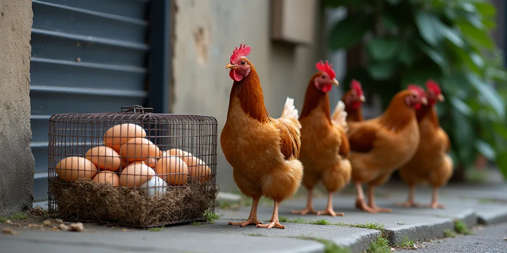 a group of chickens standing next to a metal cage filled with eggs on a sidewalk next to a building,