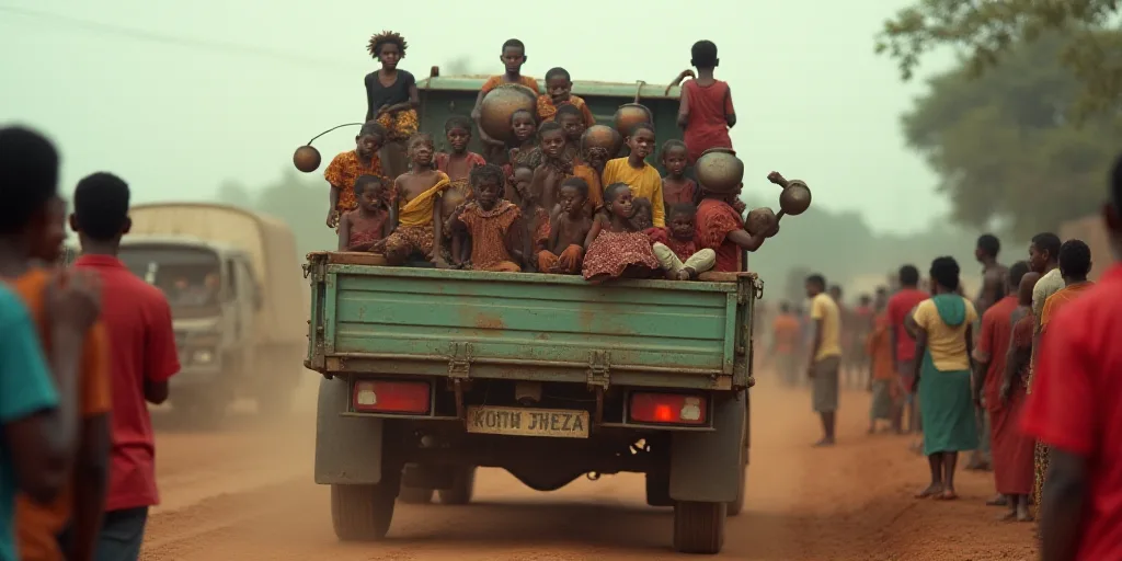 a group of children are in a truck with pots and pans on the back of it and people are standing arou