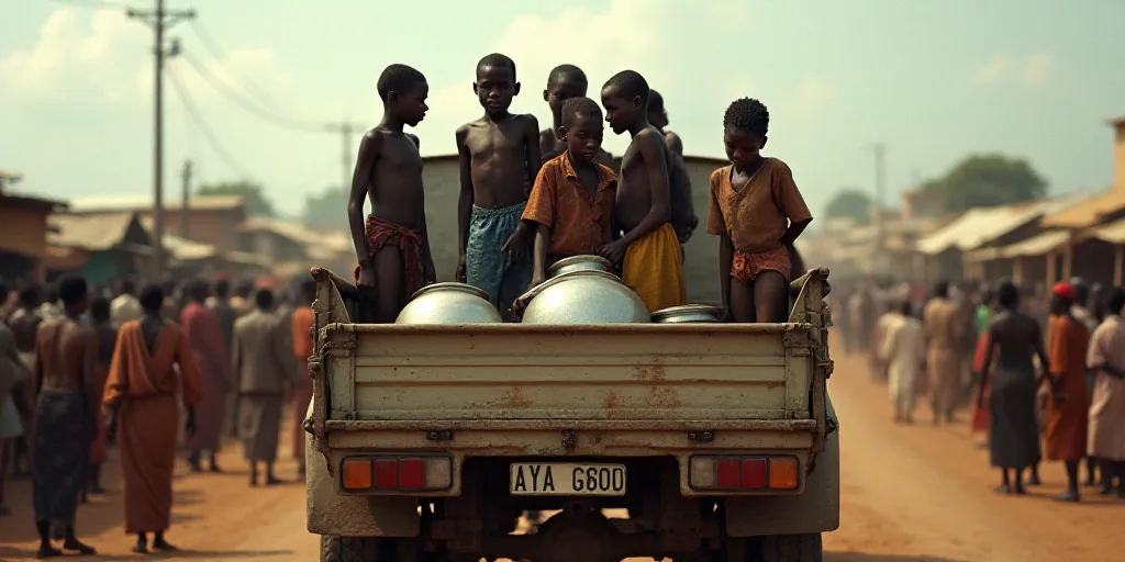 a group of children are in a truck with pots and pans on the back of it and people are standing arou