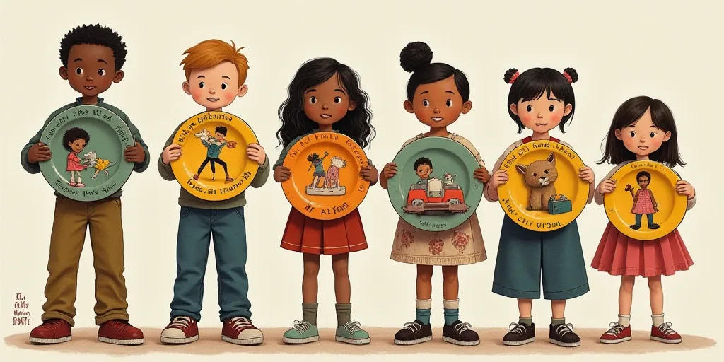 a group of children holding up plates with cartoon pictures on them and a name on them, and a pictur