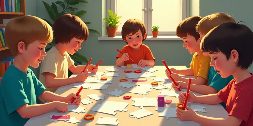 a group of children sitting around a table making crafts with scissors and tape on paper and glue on