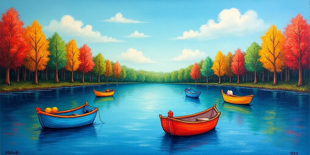 a group of colorful boats floating on top of a lake next to a forest filled with trees and a blue sk