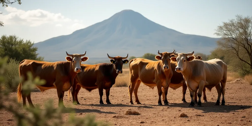 a group of cows standing in a dirt field with a mountain in the background with trees and bushes in