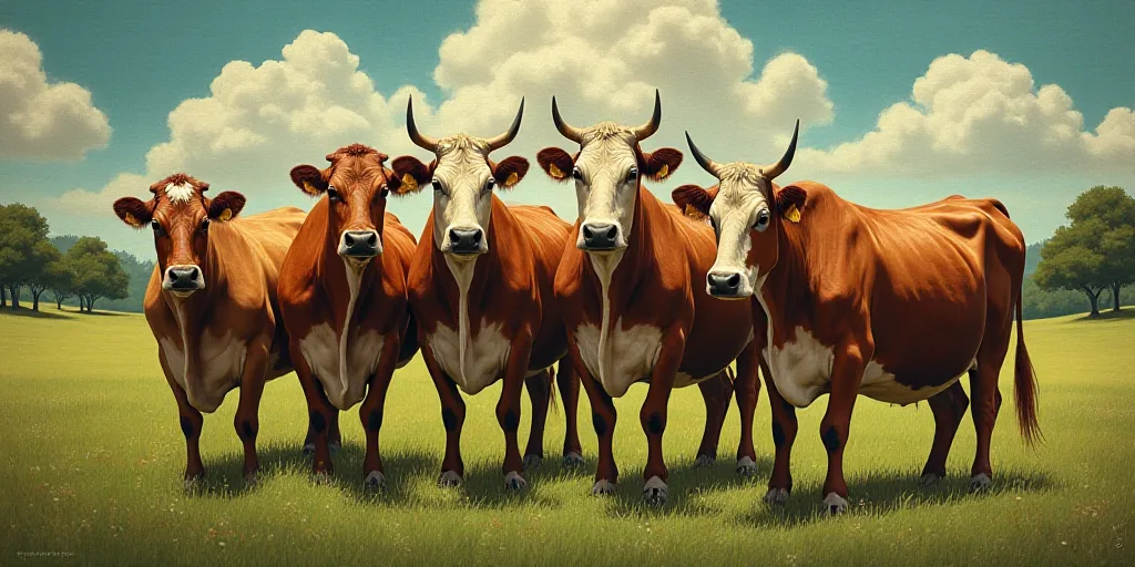 a group of cows standing next to each other on a field of grass and trees in the background, with a