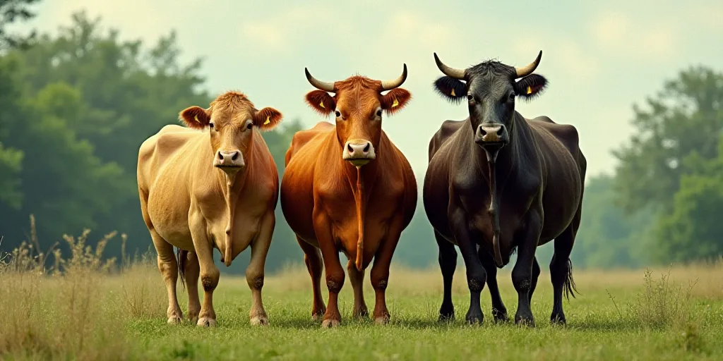 a group of cows standing next to each other on a field of grass and trees in the background, with a