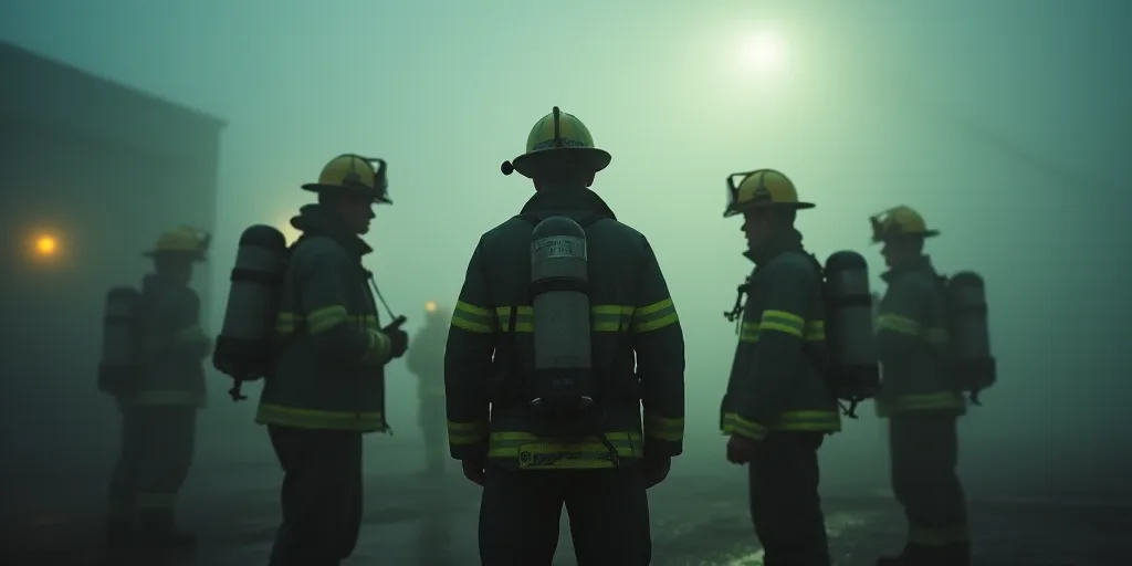 a group of fire fighters standing in the fog with their equipment on their backs and their lights on